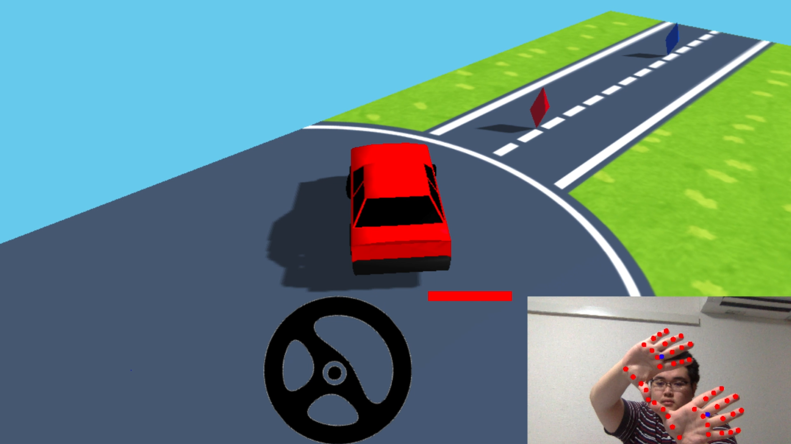 手の傾きと開閉で赤い車を運転する3Dデモの画面