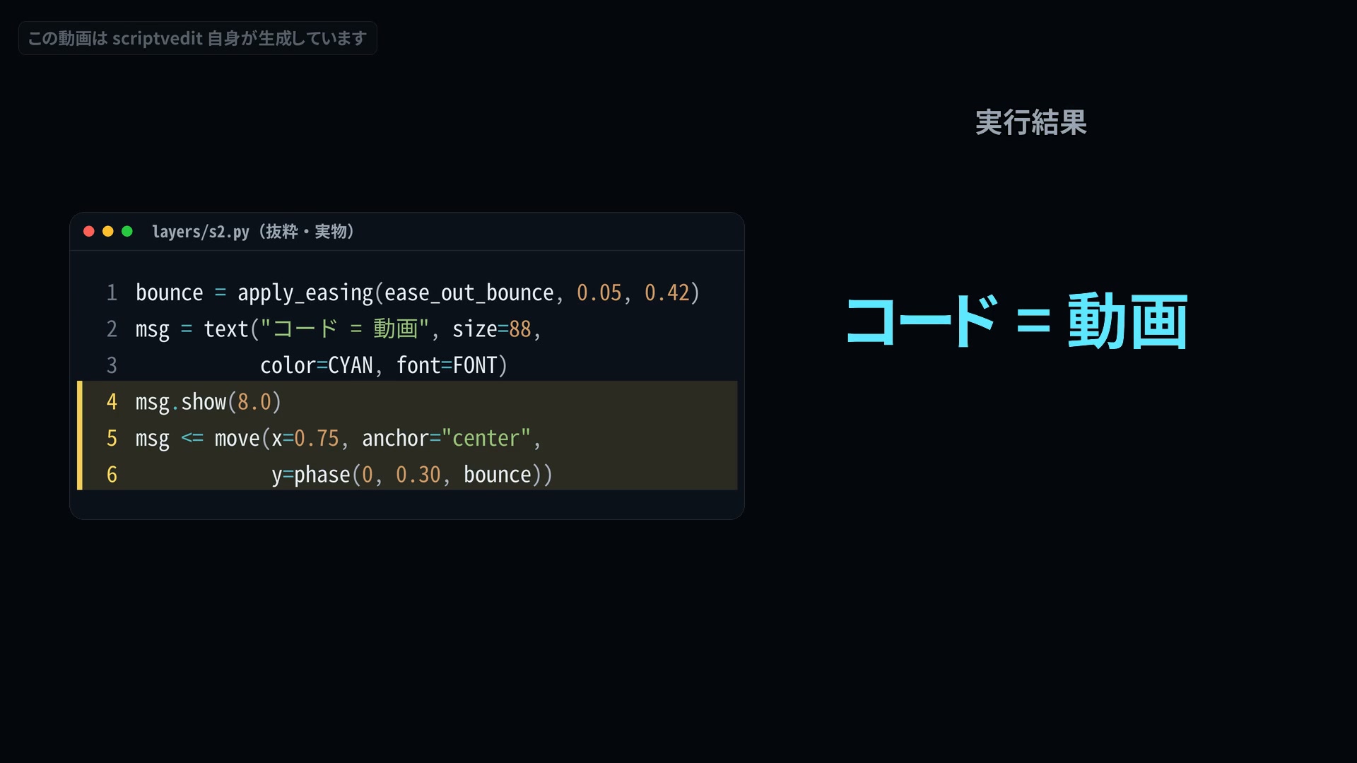 左のPythonコードから右の映像が生成されている解説動画の一場面